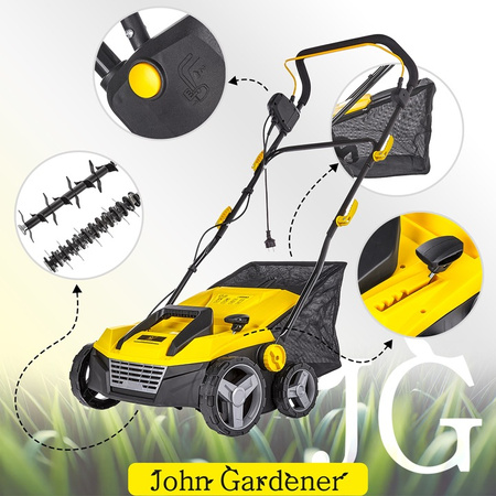 Aerator wertykulator elektryczny do trawy trawnika 2w1 kosz 45l 38cm John Gardener