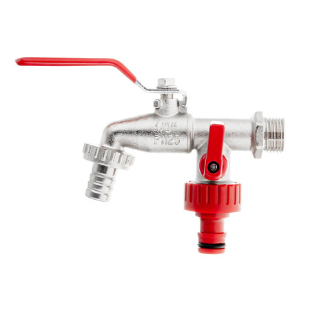Zestaw – kran 1/2" podwójny z wyjściami na GZ 3/4" +  wtyk na wąż 1/2" + nypel do szybkozłącza – mauser