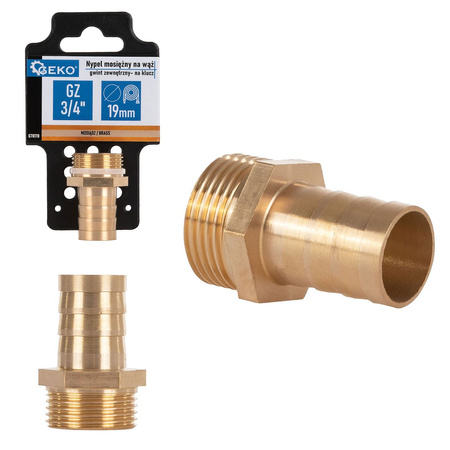Nypel mosiężny na wąż 19mm – gwint zewnętrzny 3/4" – na klucz (250)