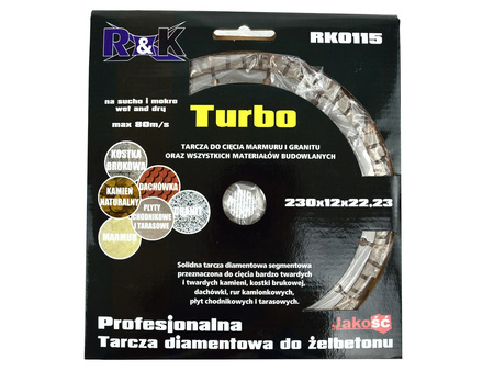 Tarcza diamentowa turbo do żelbetonu 230x12x22.23mm R&K