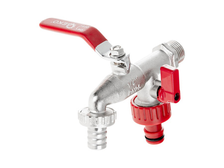 Zestaw – kran 1/2" podwójny z wyjściami na GZ 3/4" +  wtyk na wąż 1/2" + nypel do szybkozłącza – mauser