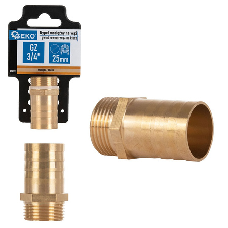 Nypel mosięzny na wąż 25mm – gwint zewnętrzny 3/4" – na klucz (250)