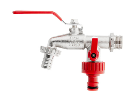 Zestaw – kran 1/2" podwójny z wyjściami na GZ 3/4" +  wtyk na wąż 1/2" + nypel do szybkozłącza – mauser